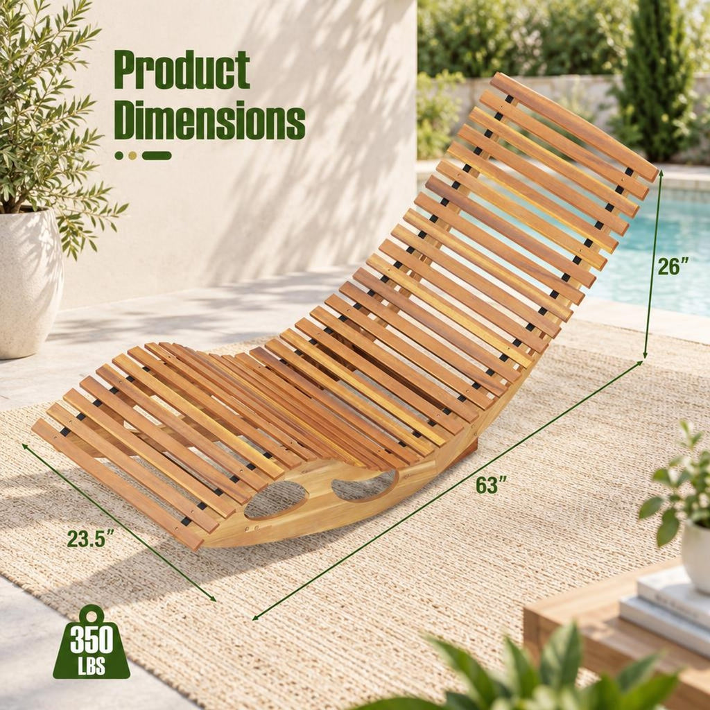 Airfind Acacia Wood Patio Rocking Sun Lounger Chaise Lounge with Ergonomic Curved Seat, 350 lbs Capacity, Acacia Wood Frame, Wood
