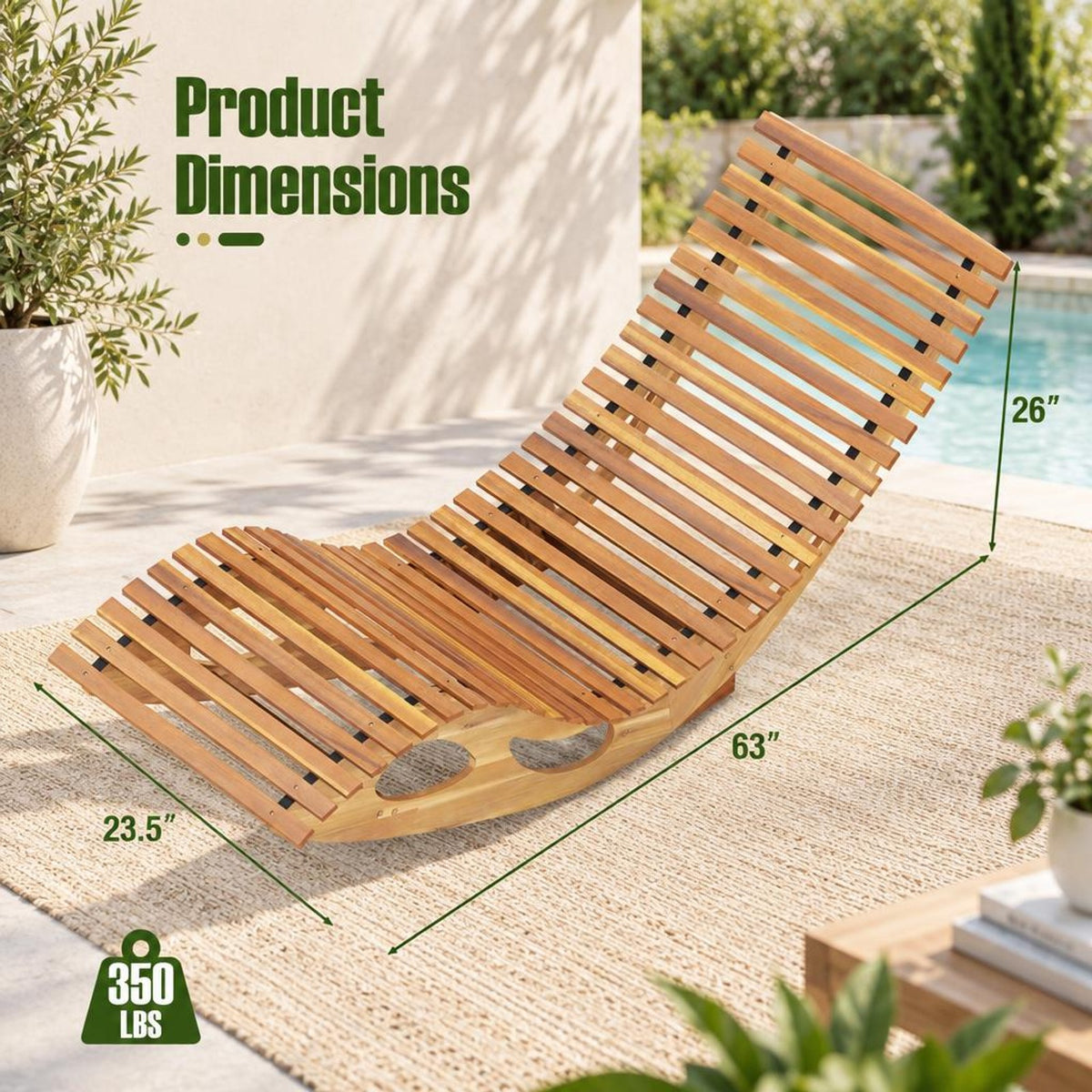 Airfind Acacia Wood Patio Rocking Sun Lounger Chaise Lounge with Ergonomic Curved Seat, 350 lbs Capacity, Acacia Wood Frame, Wood