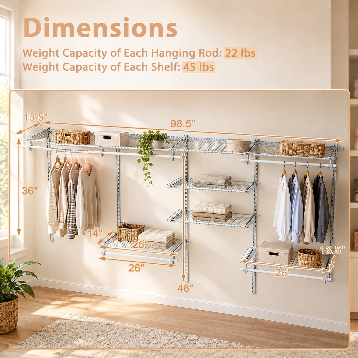 Airfind 4, 8 Feet Closet Organizers and Storage System with Hanging Rod for Laundry Bedroom, White, for Everyday Home Use, for Easy Setup