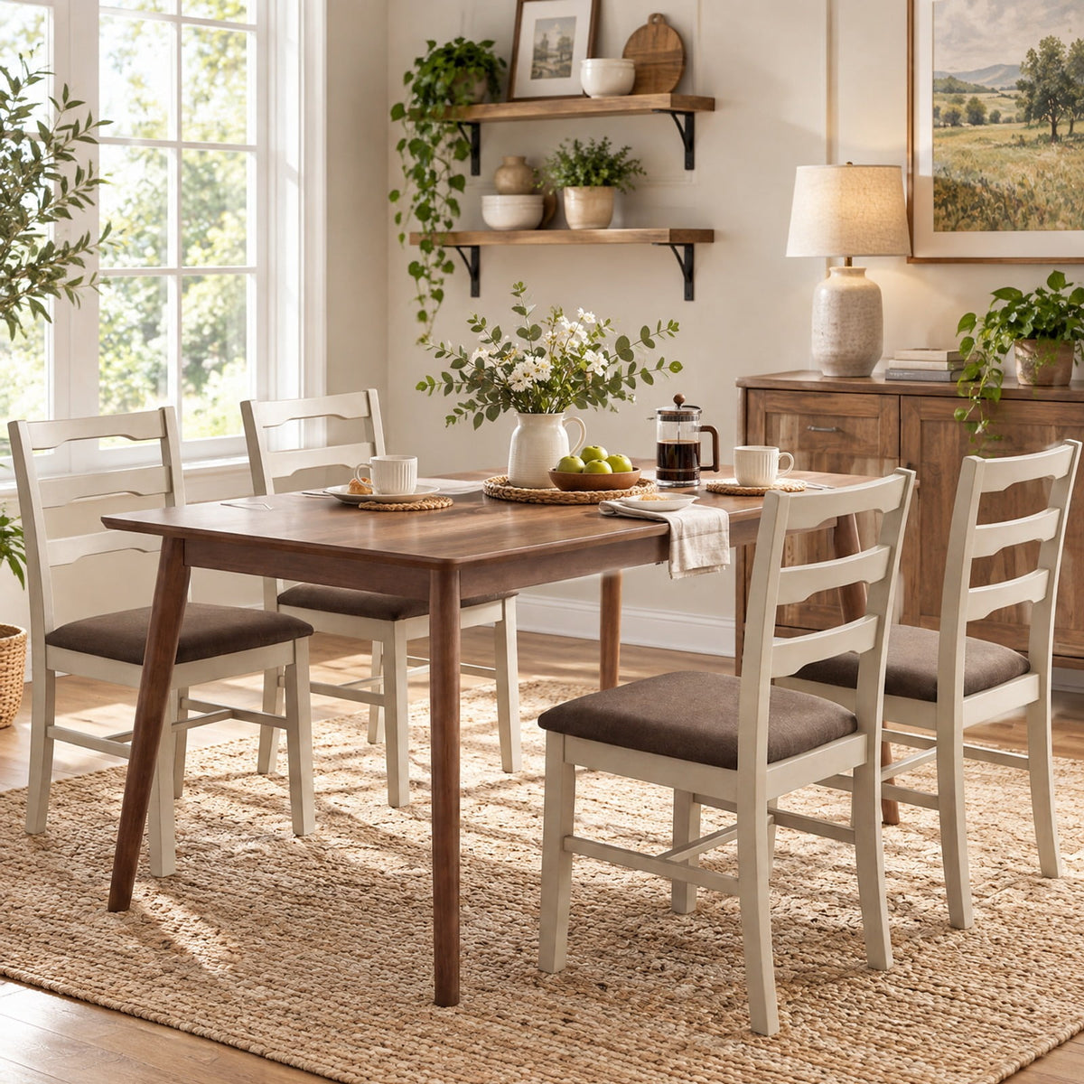 Airfind Set of 4 Linen Style Upholstered Dining Chairs with Wood Frames, 330 lbs Capacity, Rubber Wood Polyester Sponge Engineered Wood Frame, White