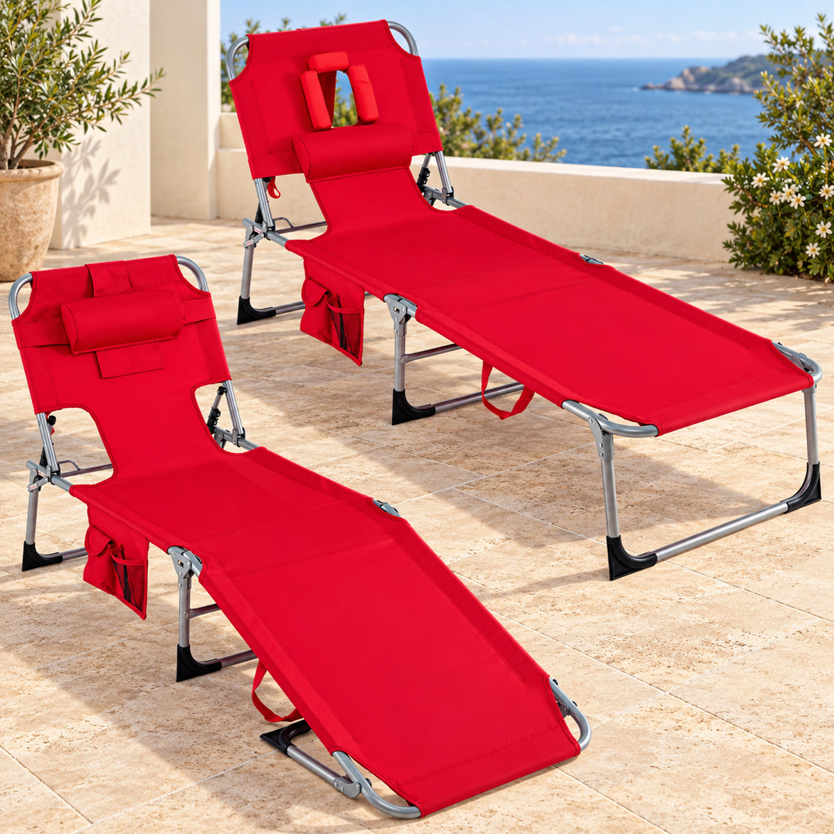 Airfind Set of 2 Tanning Chair Portable Chaise Lounge Chair with 4-Position Adjustable Backrest, 330 lbs Capacity, Red