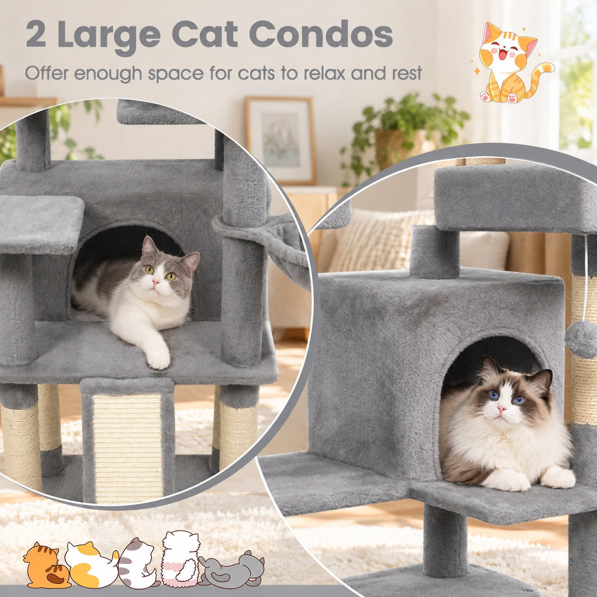 Airfind 65 Inch Tall Multi-level Cat Tree with 3 Upholstered Perch and 2 Cat Condos, Fabric Sisal Engineered Wood Overall Height 65 Inch Base Frame