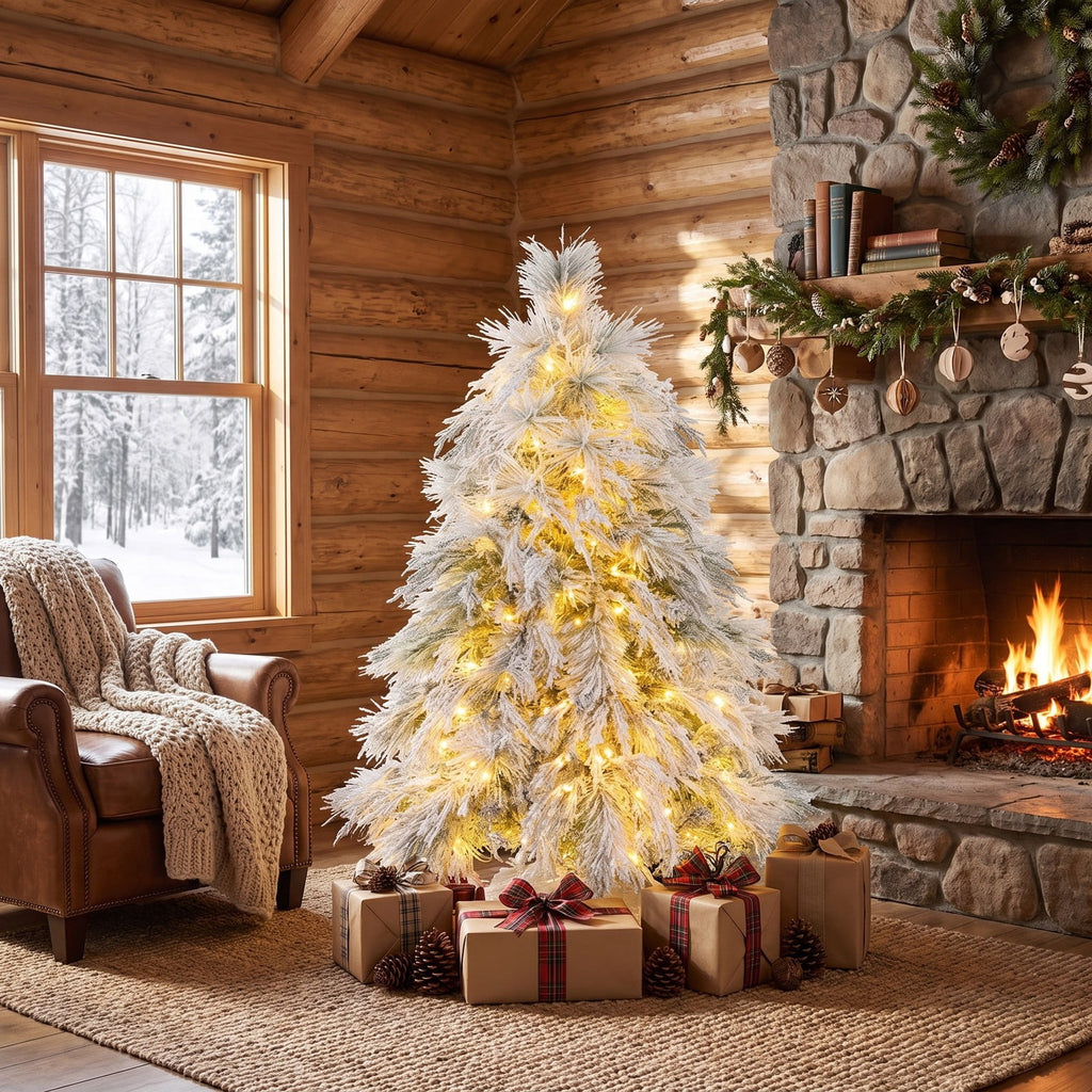 Airfind 4.5/6/7 Feet Pre-Lit Snow Flocked Christmas Tree with Warm White LED Lights-4.5 ft, White, Diameter of Stand 20/18/16 Inch