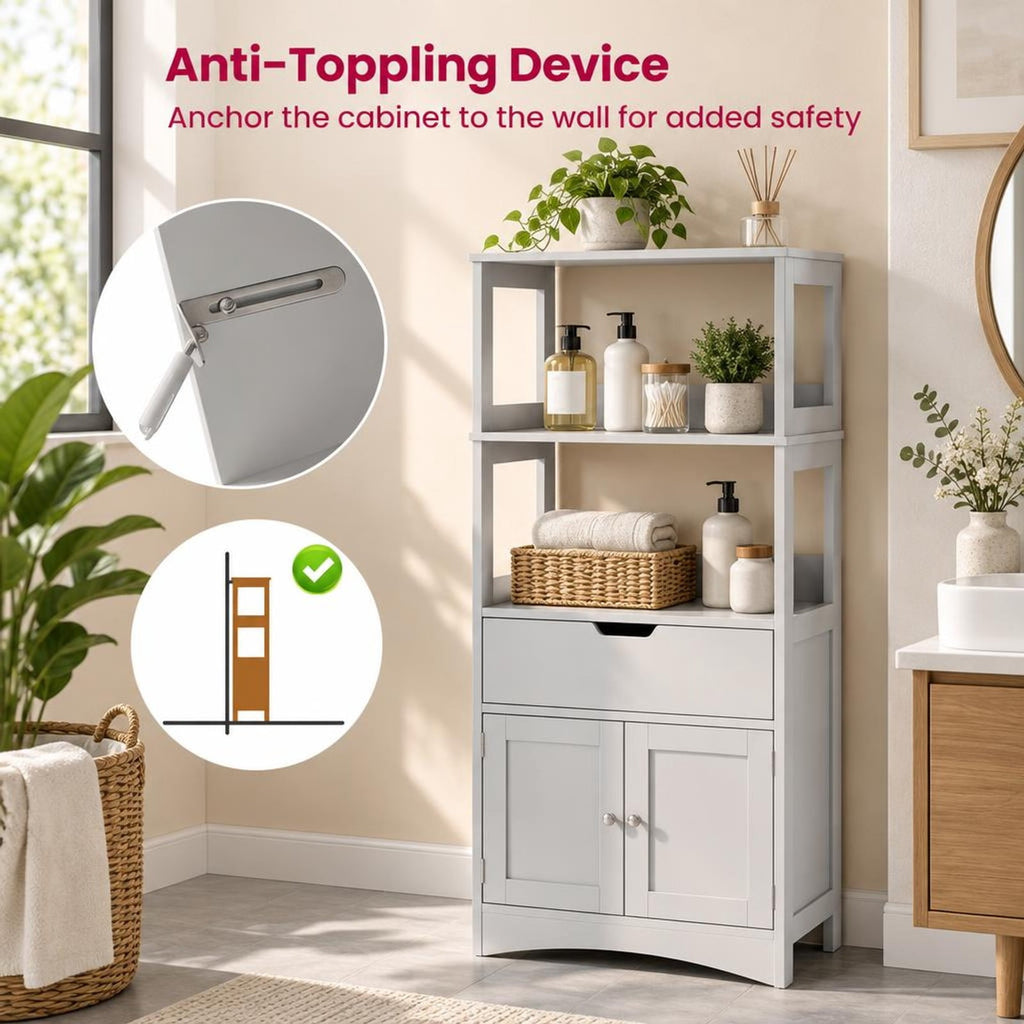 Airfind Bathroom Storage Cabinet with Open Shelves and Drawer, 110 lbs Capacity, Engineered Wood Frame, 24in x 13in x 48in Footprint, Grey