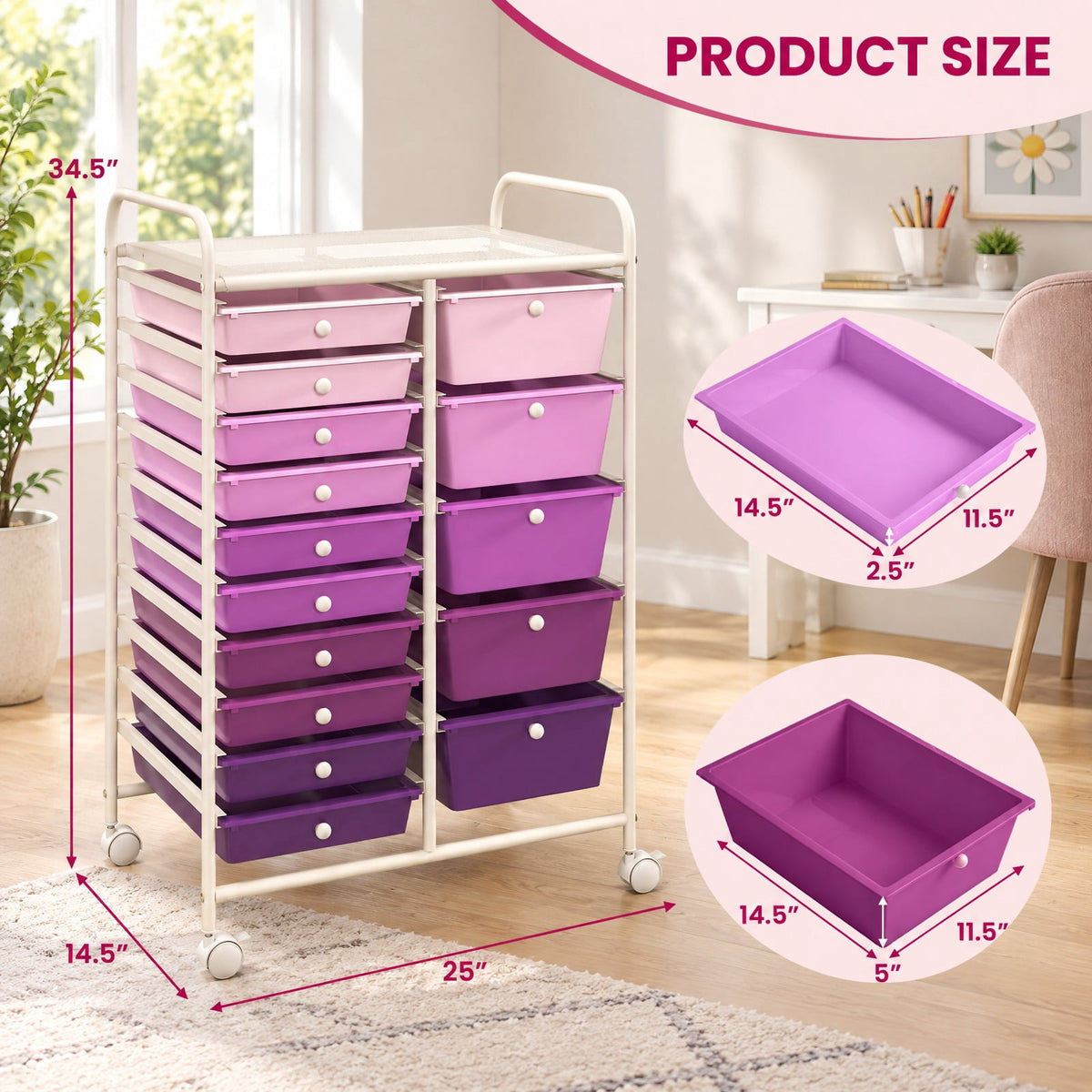 Airfind 15-Drawer Utility Rolling Organizer Cart Multi-Use Storage, Steel frame and plastic boxes Frame, 25 x 14.5 x 34.5 Footprint, Purple