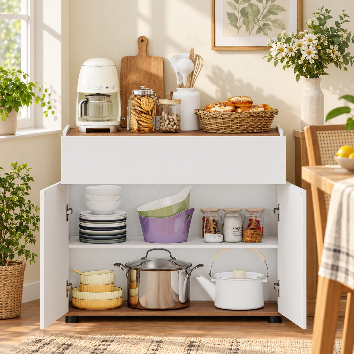 Airfind Sideboard Buffet Cabinet with Storage Wooden Kitchen Storage Cabinet, 44 lbs Capacity, Engineered Wood MDF PP Frame, White