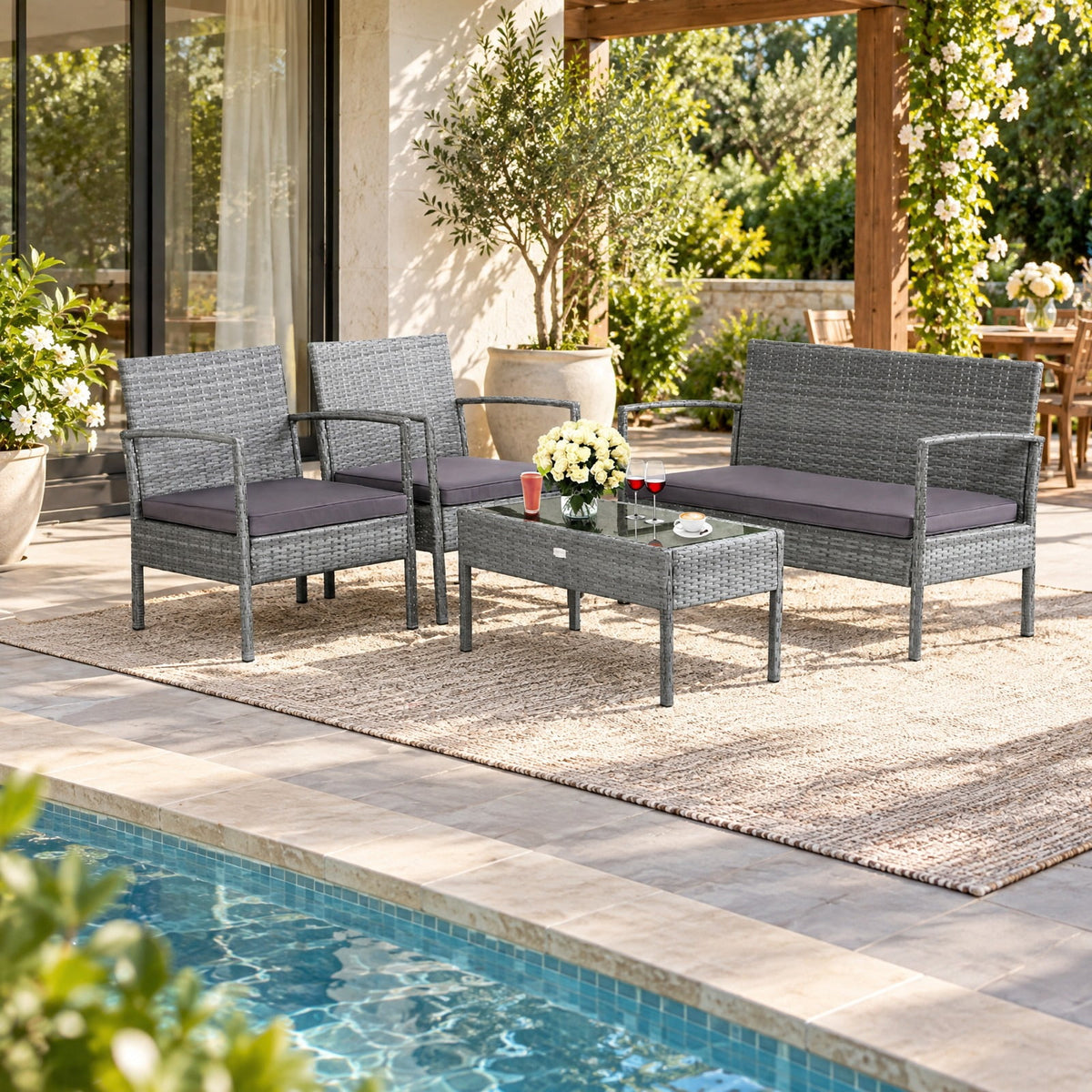 Airfind 4 Pieces Outdoor Rattan Conversation Set with Comfortable Cushion, 800 lbs Capacity, Rattan Frame, 23 Inch x 23 Inch x 28.5 Inch Footprint
