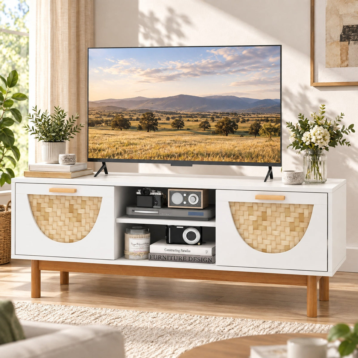 Airfind Mid Century Modern TV Stand Entertainment Center for 55-Inch TV with 2 Drawers and Bamboo Woven Fronts, MDF Frame, White