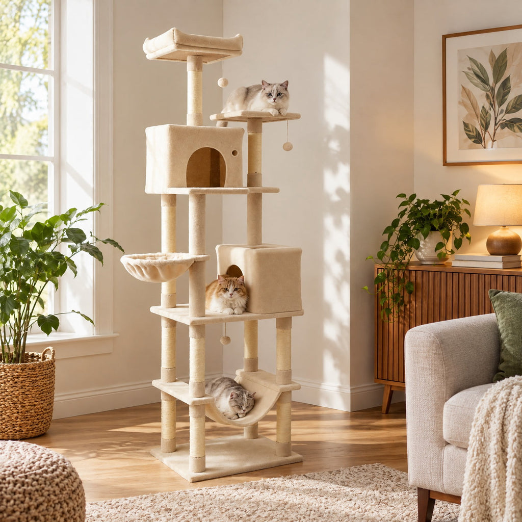 Airfind 80 Inches Tall Cat Tree with 2 Large Condos and Dangling Toys, 33 lbs Capacity, Engineered Board Sisal Plush Fabric Sponge Frame, Beige