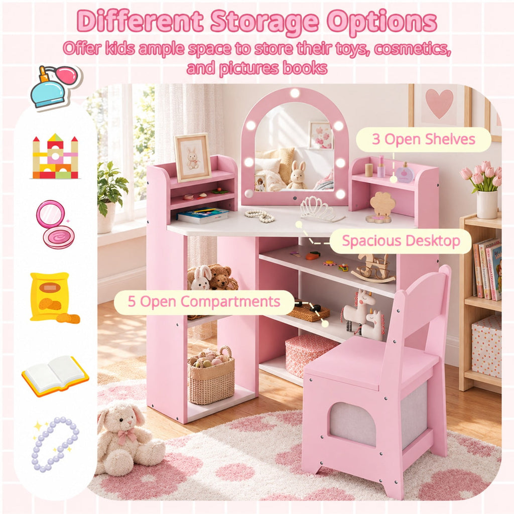Airfind 2-In-1 Kids Vanity Set with Lights for Toddlers 3+ Years Old, 45 lbs Capacity, MDF Non-woven Fabric Frame, 37 x 24 x 39.5 Footprint, Pink