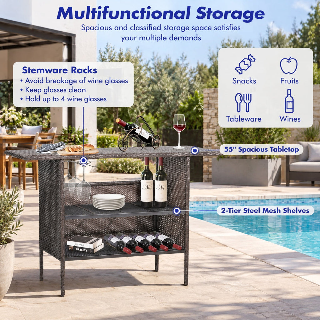 Airfind Outdoor Wicker Bar Table with 2 Metal Mesh Shelves, PE rattan steel Frame, 55 x 18.5 x 36 Footprint, Mix brown
