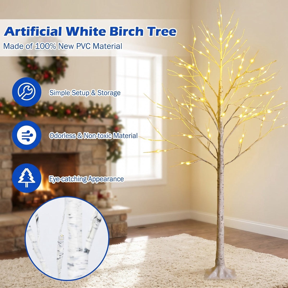Airfind Pre-lit White Twig Birch Tree for Christmas Holiday with LED Lights-6 ft, metal plastic Height: 4/5/6 ft Frame, White
