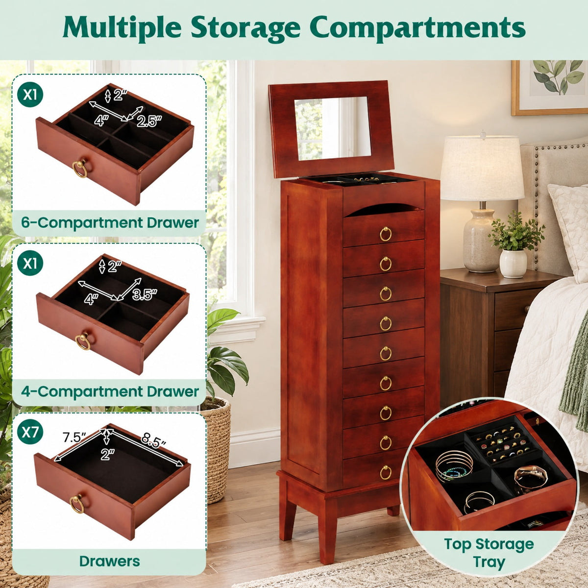 Airfind Large Capacity Jewelry Storage Cabinet with 9 Drawers, MDF Glass Frame, 16in x 10.5in x 40in Footprint, Walnut