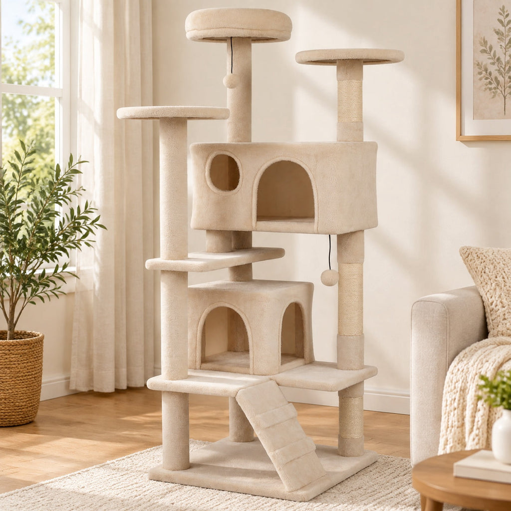 Airfind 52 Inch Tall Cat Tree Tower for Indoor Cats, 22 lbs Capacity, Engineered Wood Sponge Plush Fabric Sisal Frame, Beige