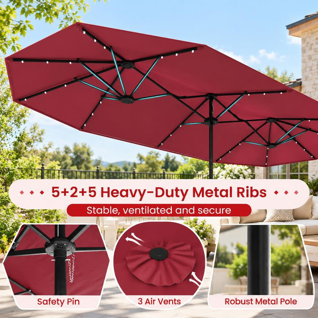 Airfind 13FT Double-sided Patio Umbrella with Solar Lights for Garden Pool Backyard, Metal 180g Yarn Dyed Fabric PA Coating Frame, Wine