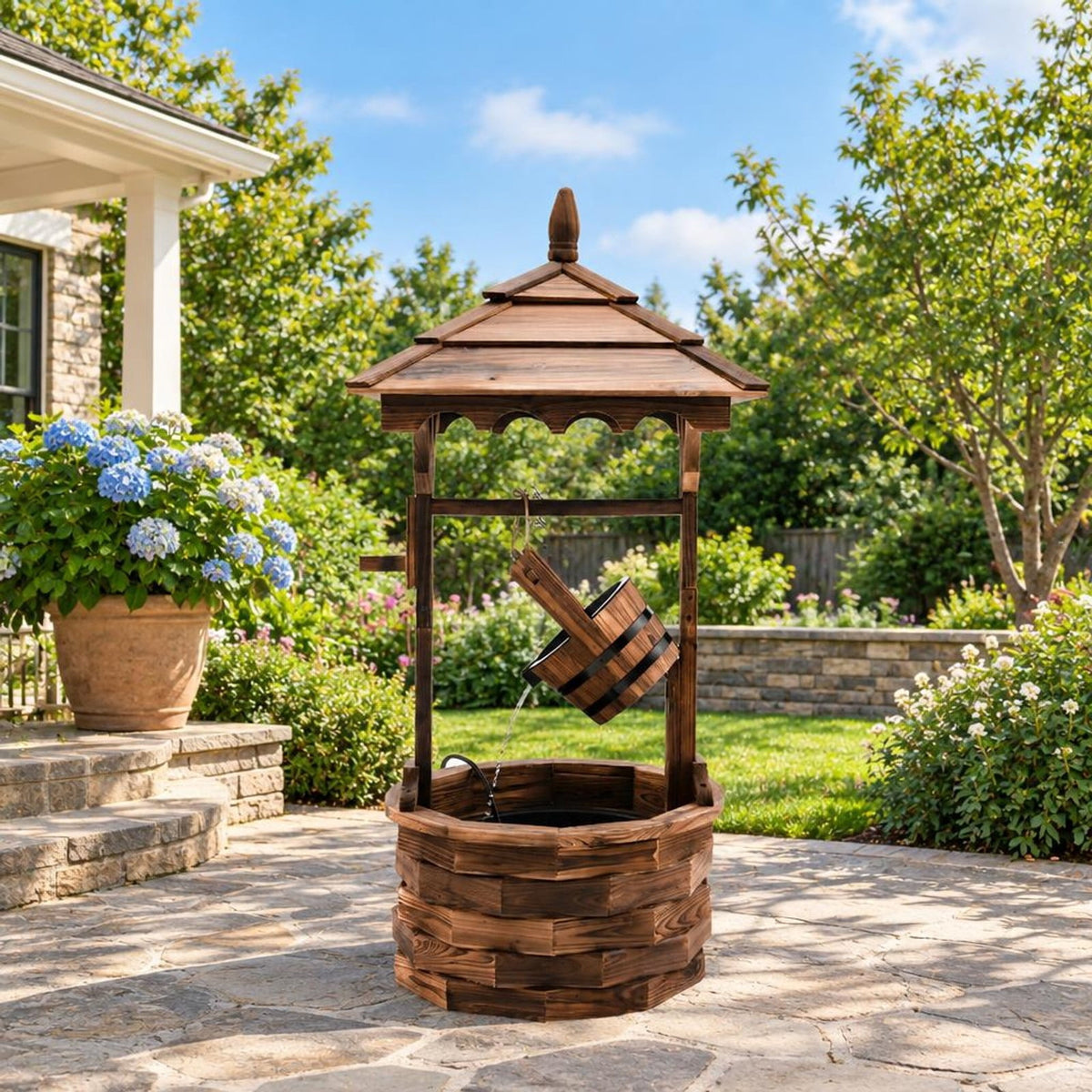 Airfind Patio Wooden Water Fountain with Electric Pump, Fir Wood, 22.5 Inch X 22.5 Inch X 48.5 Inch (l X W X H) Water Bucket for Convenient Everyday Use, Brown