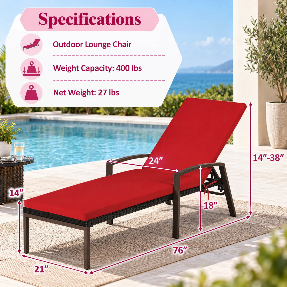 Airfind 2 Pieces Patio Rattan Adjustable Back Lounge Chair with Armrest and Removable Cushions, 400 lbs Capacity, Steel Rattan Frame, Red