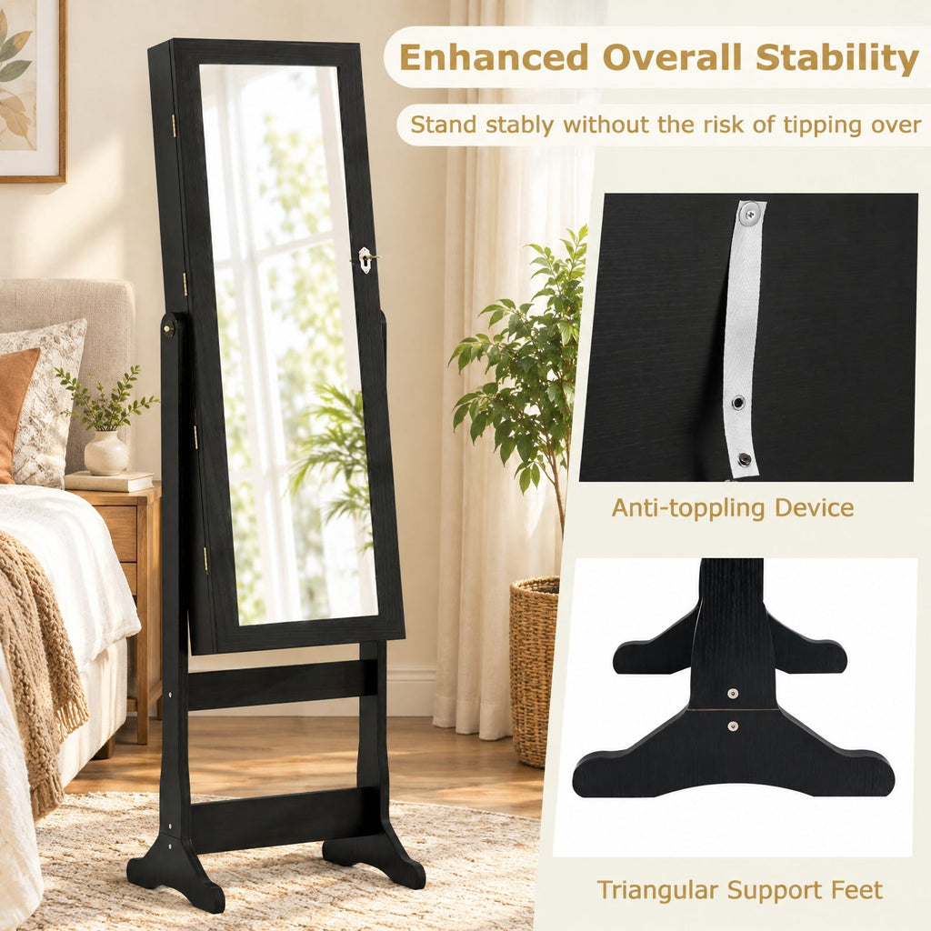 Airfind Lockable Freestanding Jewelry Cabinet Armoire with Full-Length Mirror and Lights, MDF Glass, 16 Inch X 14.5 Inch X 57.5 Inch, Black