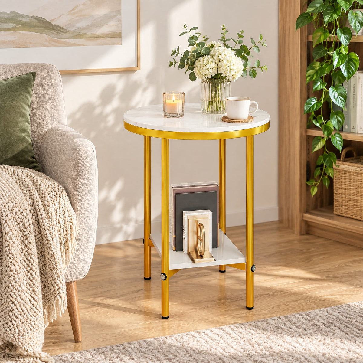 Airfind 2-Tier Round Coffee Table with Storage Shelf-2, 66 lbs Capacity, Engineered Wood Metal Frame, 16 x 16 x 20 Footprint, Coffee