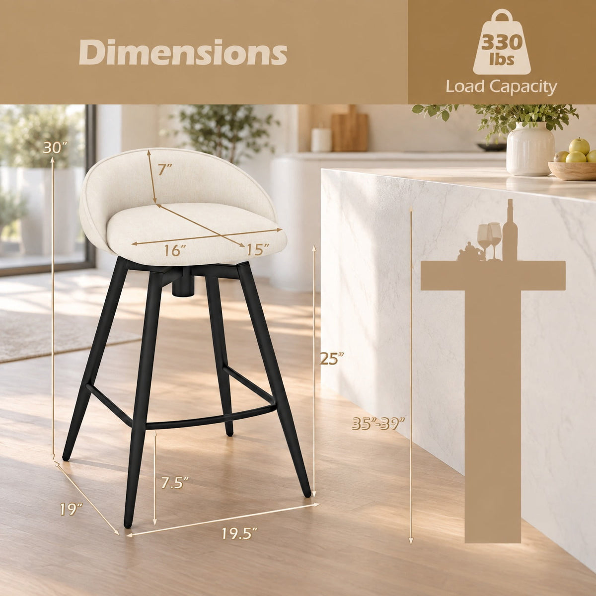 Airfind Upholstered Bar Stools Set of 2 with Footrest and Backrest, 330 lbs Capacity, Metal Linen Fabric Sponge Frame, Beige