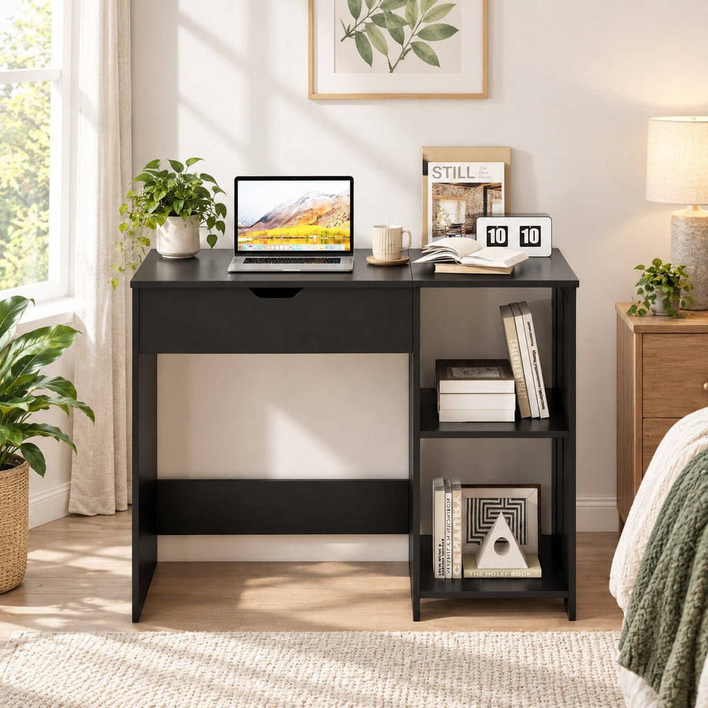 Airfind Space Saving Computer Desk with Hidden Compartment and Open Storage Shelves, 210 lbs Capacity, Engineered Wood Frame, Black