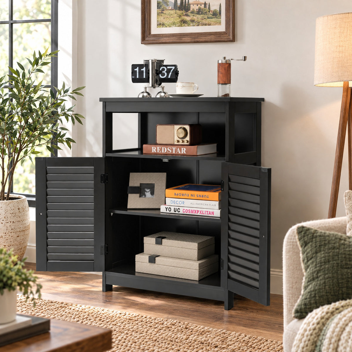 Airfind Wood Freestanding Bathroom Storage Cabinet with Double Shutter Door, 77 lbs Capacity, P2 MDF Frame, 23.5in x 12in x 31.5in Footprint, Black
