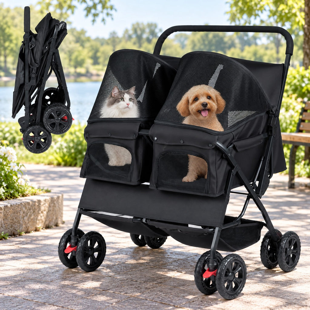 Airfind Foldable Double Pet Stroller with Adjustable Sunshade and Storage Basket, Aluminium Alloy Oxford Fabric PP EVA Frame, Black