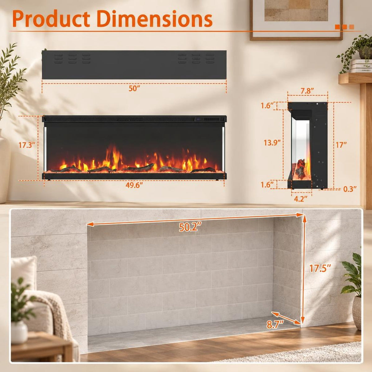 Airfind 36/40/50/60 Inch Wide 3-Sided Electric Fireplace Insert with Remote Control and 12 Flame Colors-50 Inch, Metal Tempered Glass Frame, Black