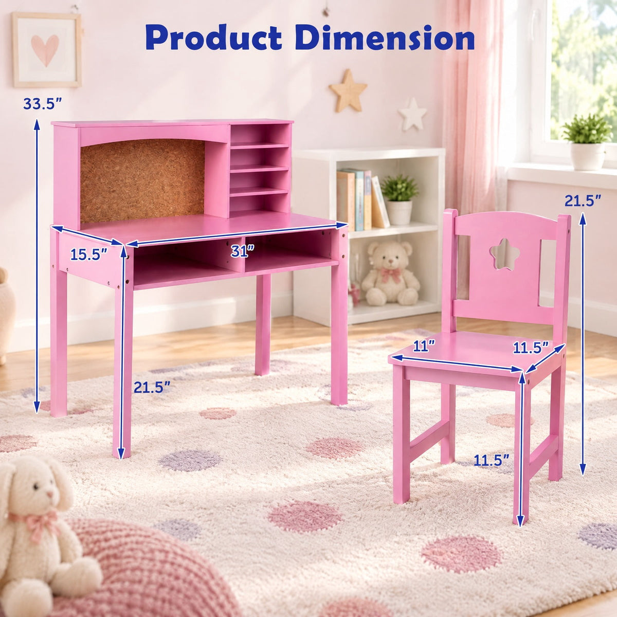 Airfind Kids Desk and Chair Set with Hutch and Bulletin Board for 3+ Kids, MDF Pine Wood Frame, 31 x 15.5 x 33.5 Footprint, Pink