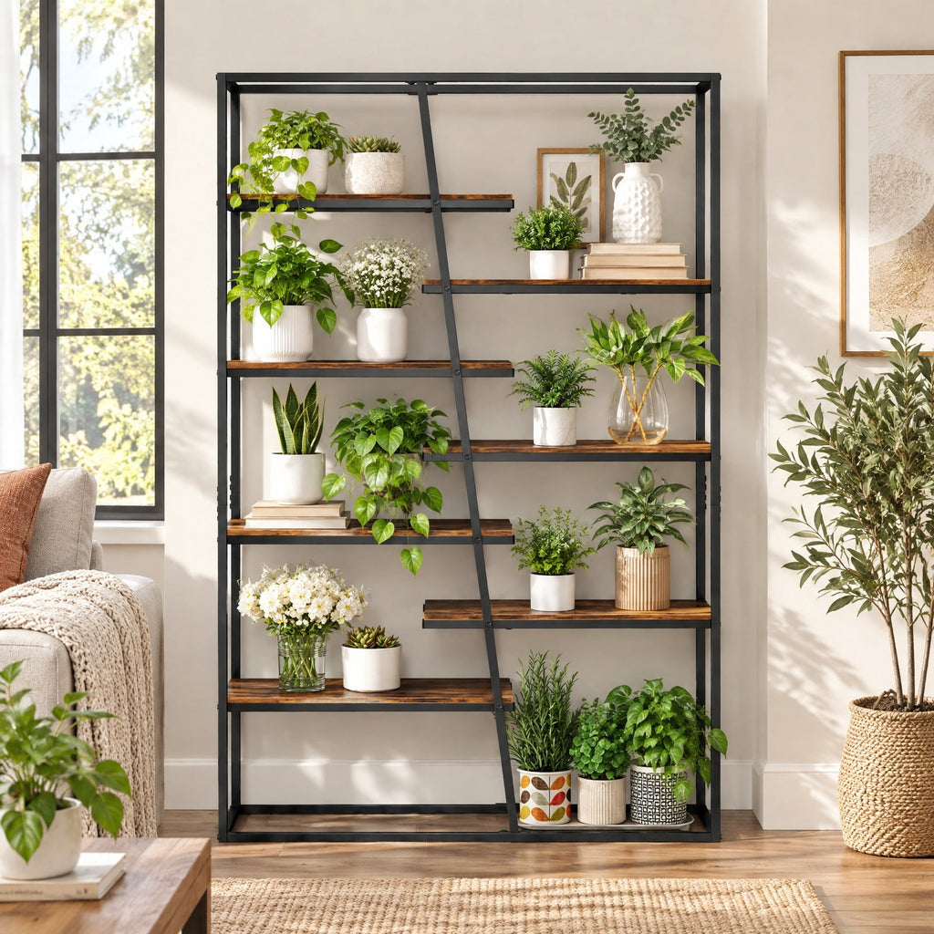 Airfind 71-Inch 7-Tier Industrial Etagere Bookcase with Heavy-duty Metal Frame, Engineered Wood Metal Frame, 45in x 16in x 71in Footprint, Brown