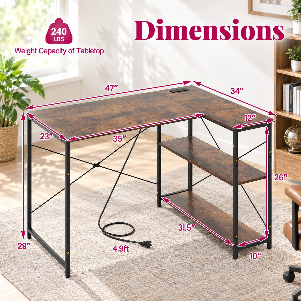 Airfind L-shaped 47 Inch Reversible Corner Desk with Adjustable Storage Shelves, 240 lbs Capacity, Engineered Wood Metal Frame, Brown