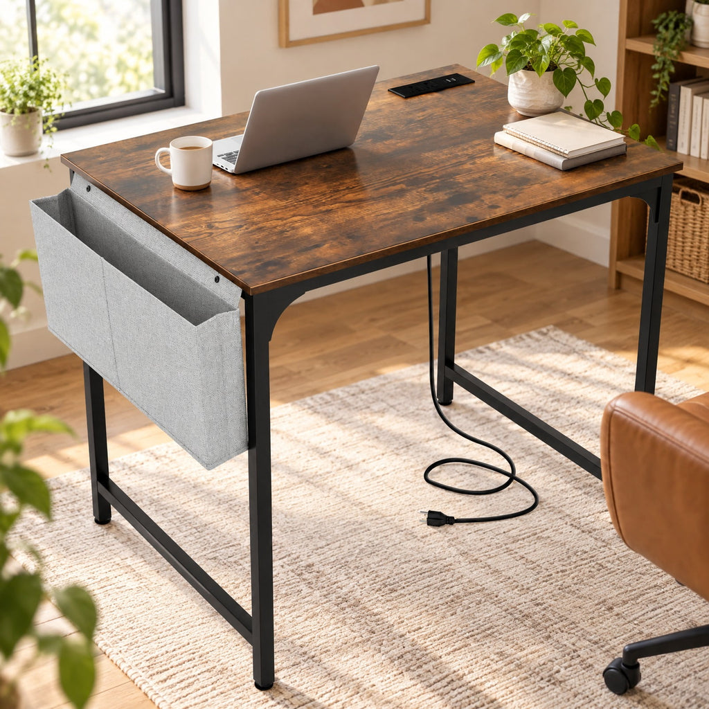 Airfind 32 Inch Home Office Desk with Charging Station Storage Bag and Headphone Hook, 210 lbs Capacity, Engineered Wood MDF Metal Fabric Frame