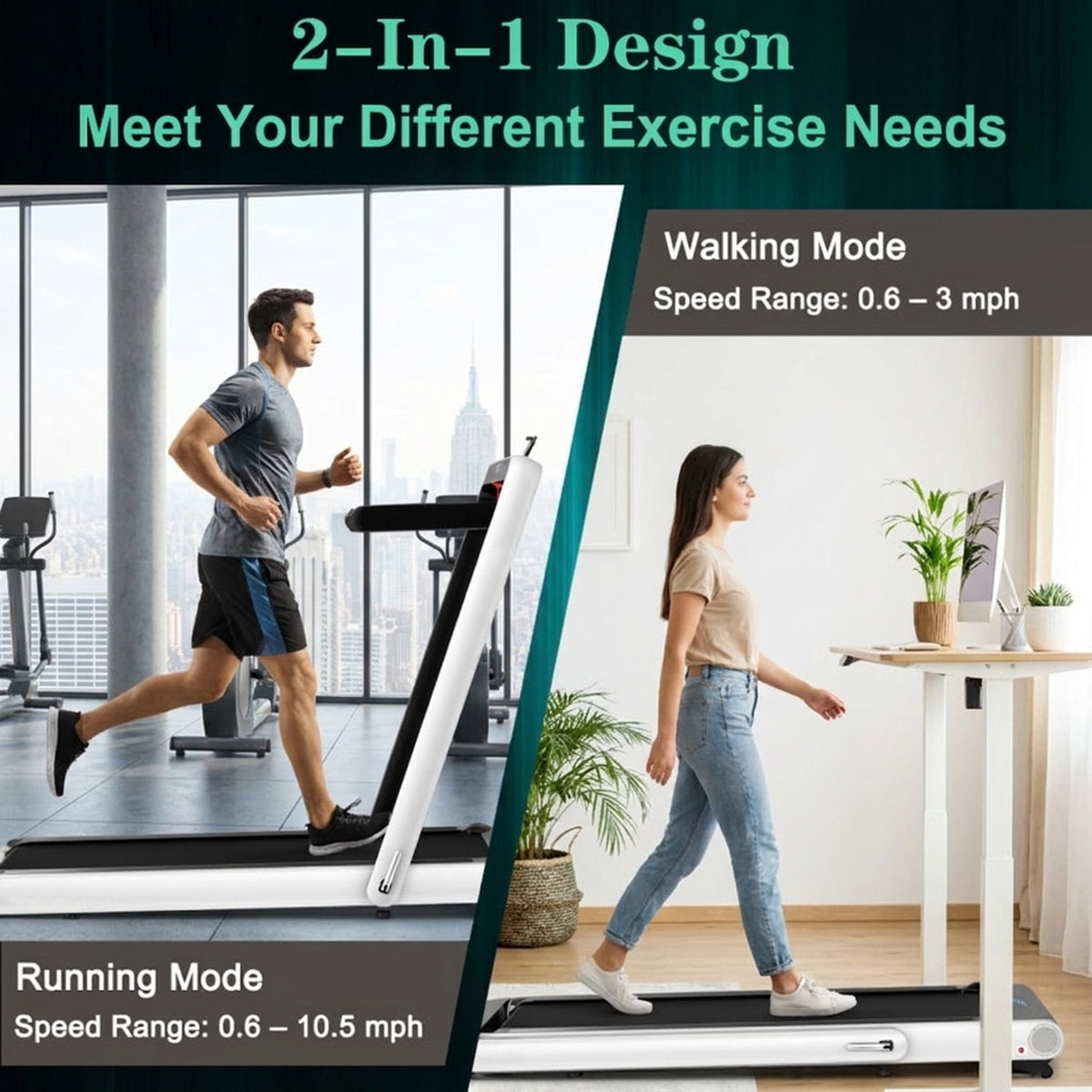 Airfind 4.75 HP 2-in-1 Walk-to-Run Folding Treadmill with App Sync Running Walking Treadmill for Home Supports 265 lbs, White
