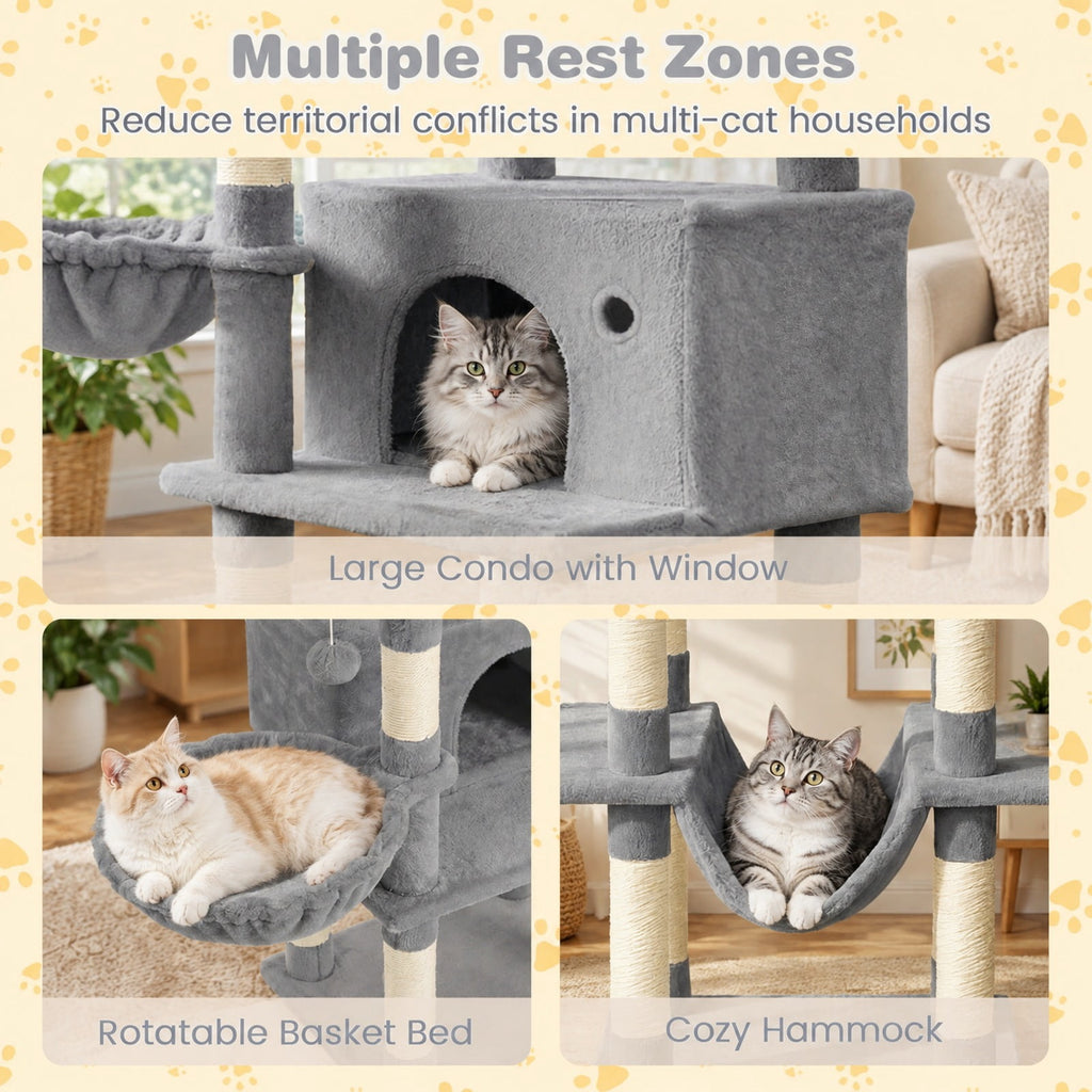 Airfind Large Cat Tree for Indoor Cats 63 Inch Tall Cat Tower, Plush Fabric Sisal Engineered Wood Base Frame, Gray