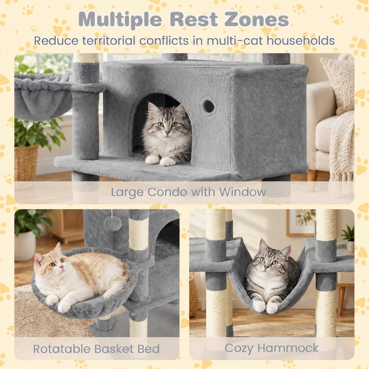 Airfind Large Cat Tree for Indoor Cats 63 Inch Tall Cat Tower, Plush Fabric Sisal Engineered Wood Base Frame, Gray