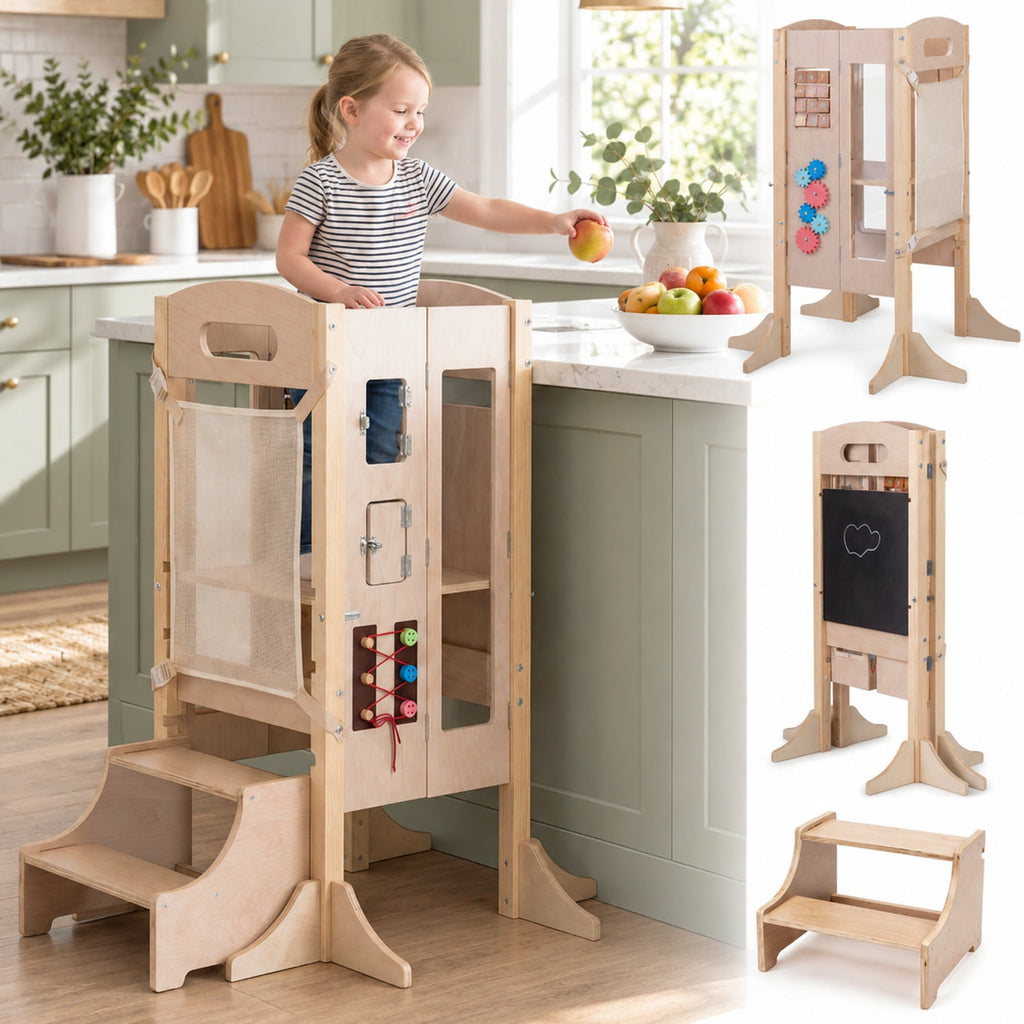 Airfind Standing Tower, Foldable Youth Step Stool Wooden Kitchen, with 2-Step Height, 110 lbs Capacity, Pine Wood Frame, for 3+ Years Old, Natural