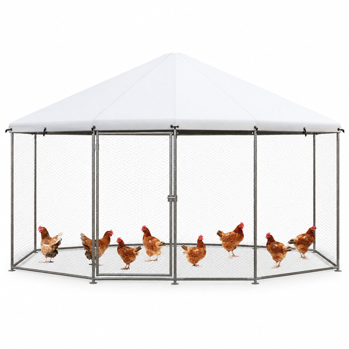 Airfind 13FT Large Metal Hexagonal Chicken Coop with Wire Mesh and Lockable Door, Galvanized Steel 210D Oxford Fabric Frame, Silver
