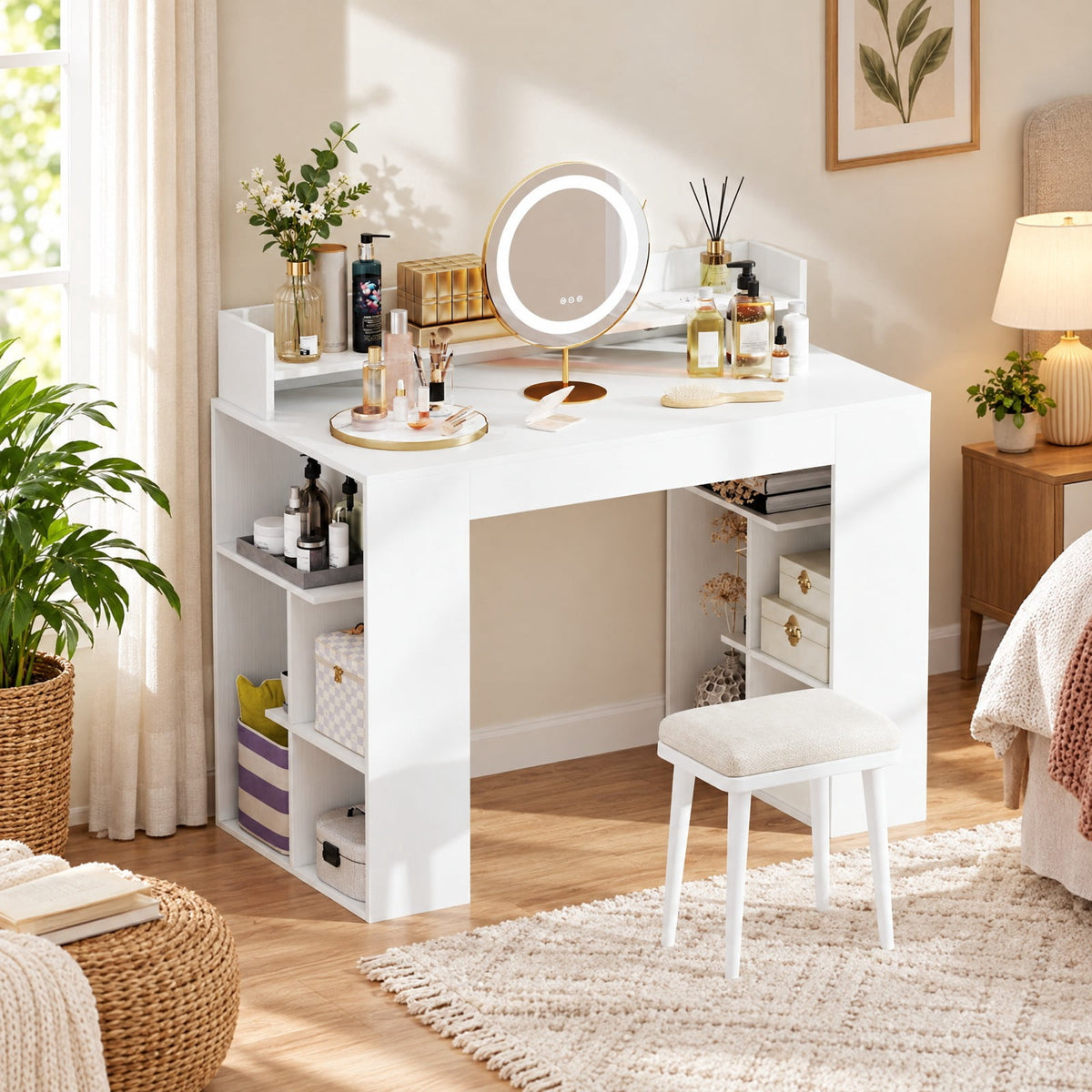 Airfind 43 Inch Computer Desk with Power Outlets and 2 Bookcases, 200 lbs Capacity, Engineered Wood Frame, 43 Inch x 22 Inch x 37 Inch Footprint, White