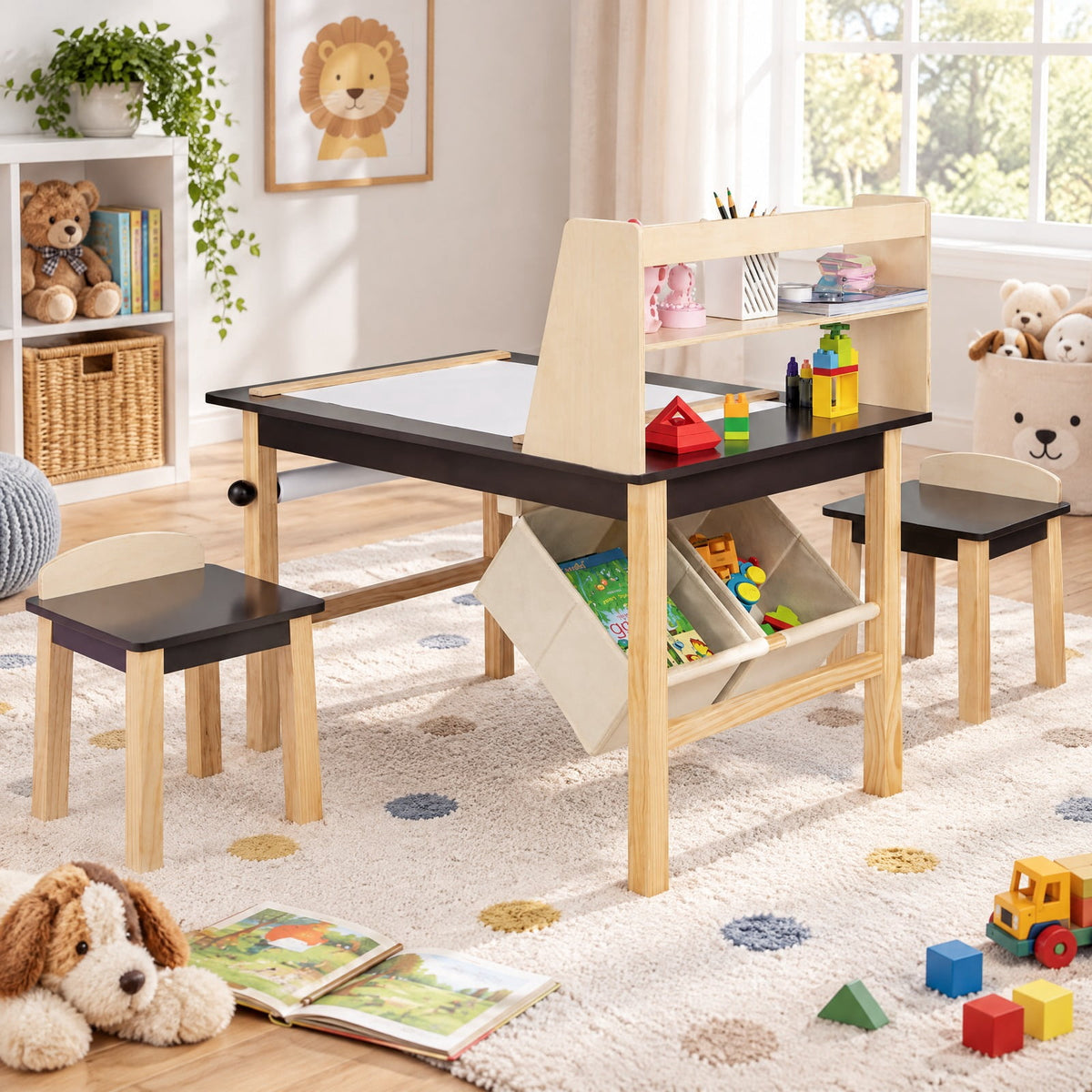 AIRFIND Kids Art Table and Two Chairs with Paper Roll, Raised Storage Shelf and Bins, Pine Wood Legs for Ages 3 and Up, Coffee and Natural