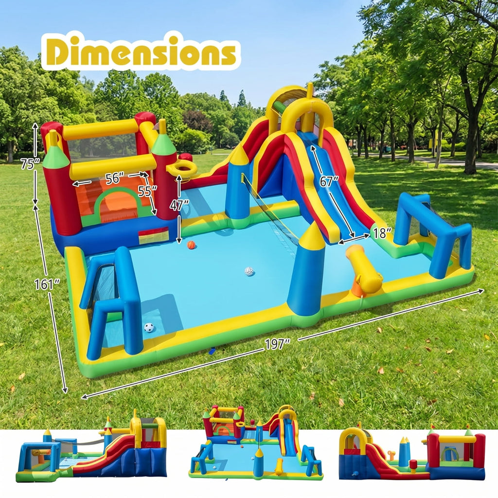 Airfind 9-in-1 Inflatable Water Slide Jumping Castle with Climbing Wall, Basketball Hoop, Football Goals and Volleyball Net, 197in x 161in x 75in for Kids 3-12