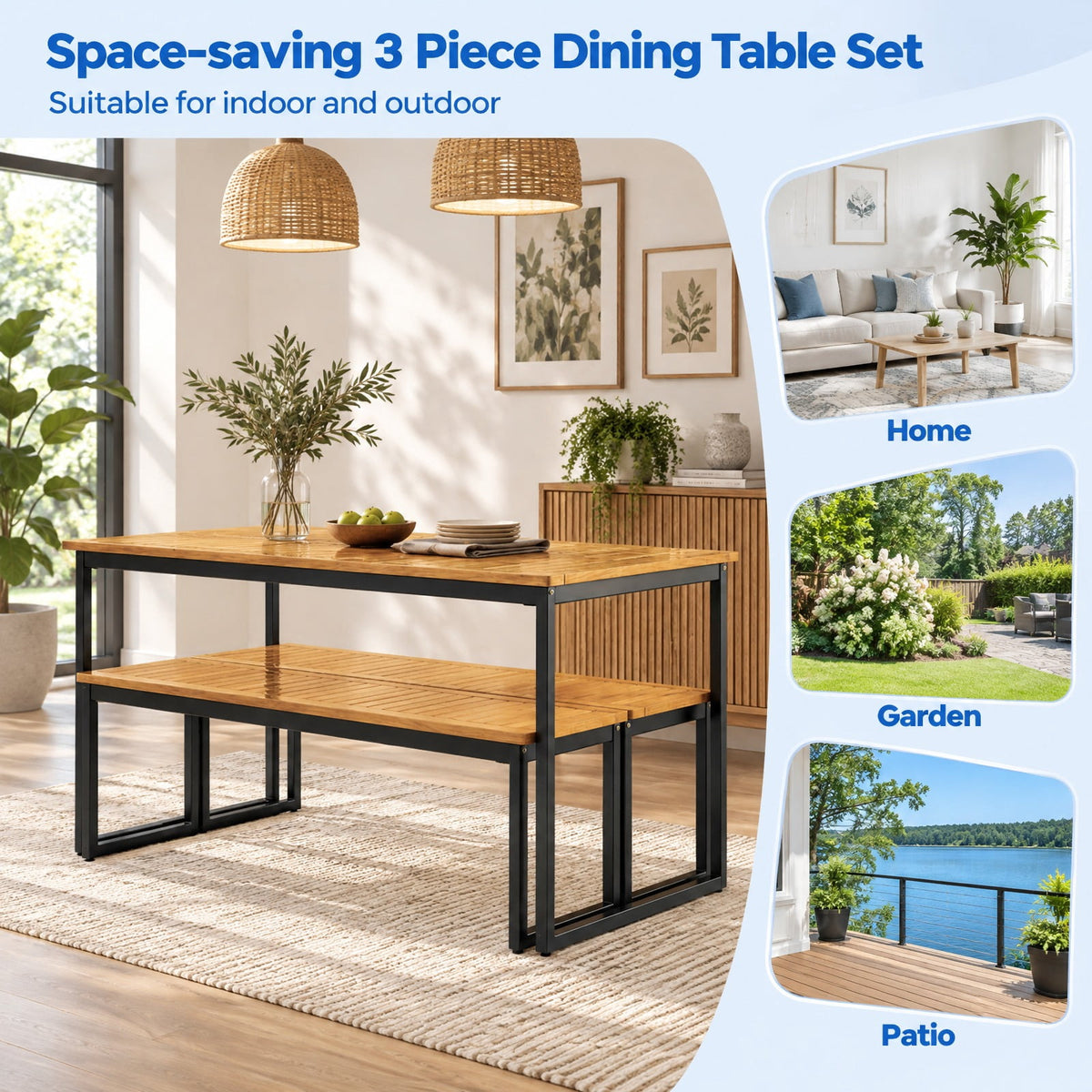Airfind Patio Dining Bench Backless with Slatted Seat and Metal Legs, Acacia Wood Metal Frame, 51 x 14 x 16.5 Maximum Weight 800 lbs Footprint