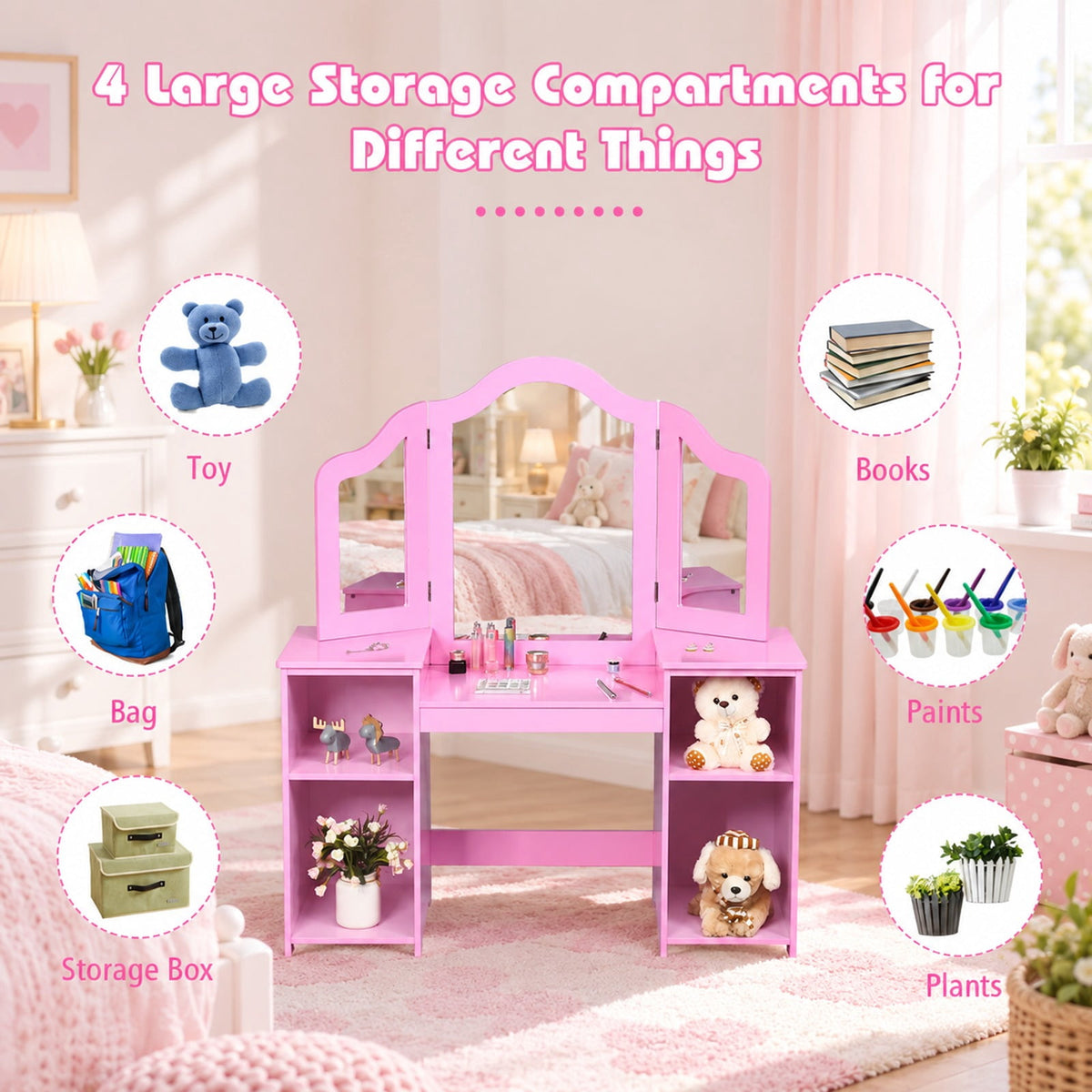 Airfind Kids Tri Folding Mirror Makeup Dressing Vanity Table Set, 220 lbs Capacity, MDF Plastic mirror Weight: 45 lbs Frame, Pink