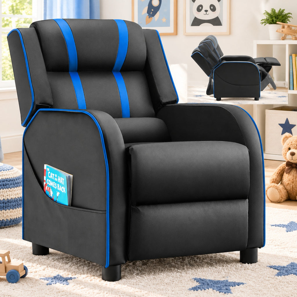 Airfind Kids Recliner Chair with Side Pockets and Footrest, 110 lbs Capacity, Sponge PU leather wood steel plastic Frame, Blue