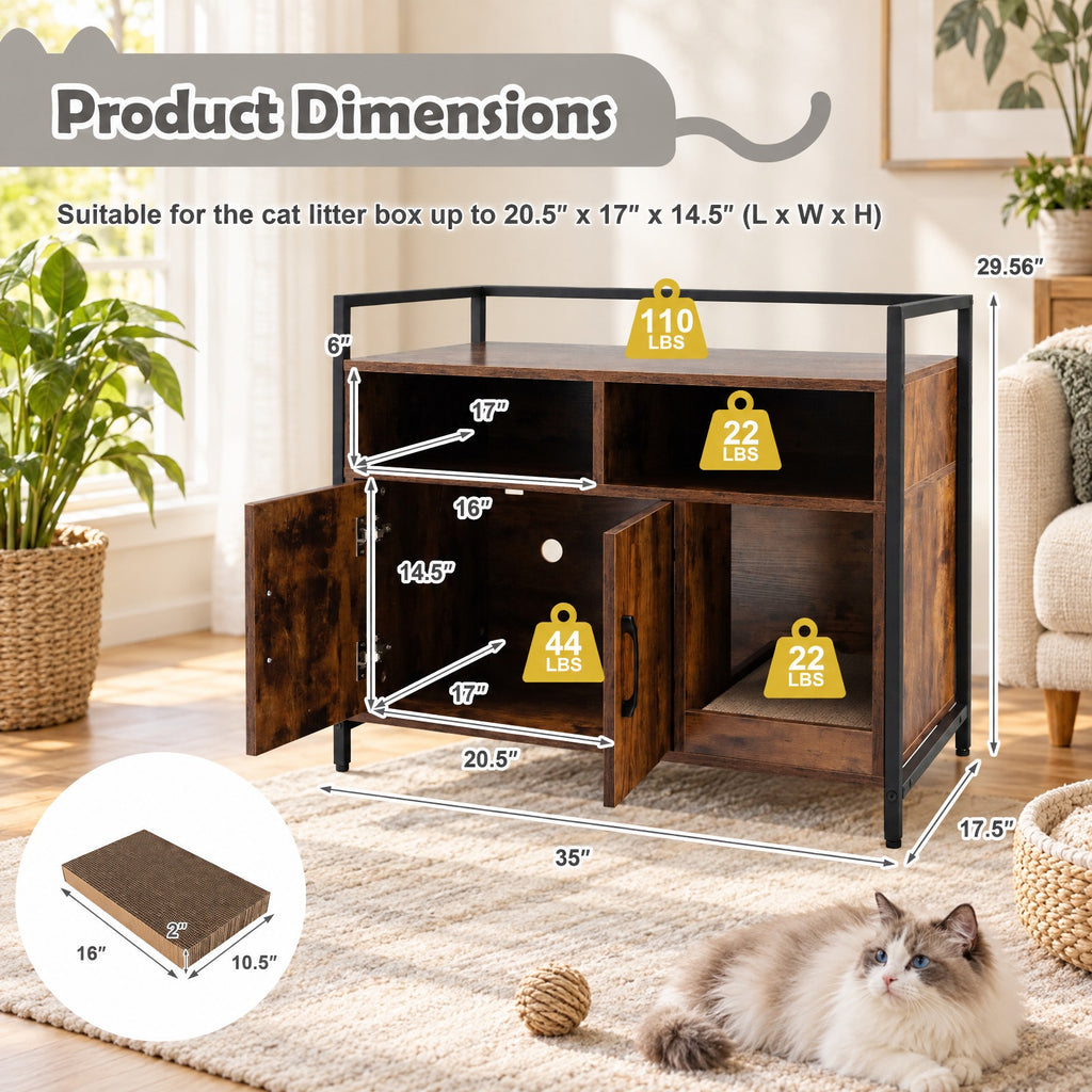 Airfind Hidden Cat Washroom with Double Doors and Scratch Cardboard, MDF Metal Frame, 35 x 17.5 x 29.5 Compartment Footprint, Coffee