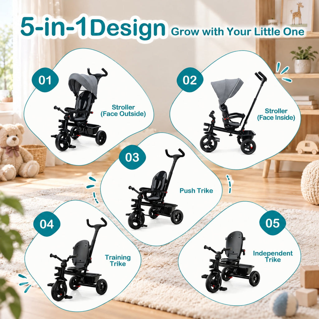 Airfind 4-in-1 Baby Tricycle Toddler Trike with Convertible Seat, 55 lbs Capacity, Steel polyester fabric PP EVA Frame, Gray