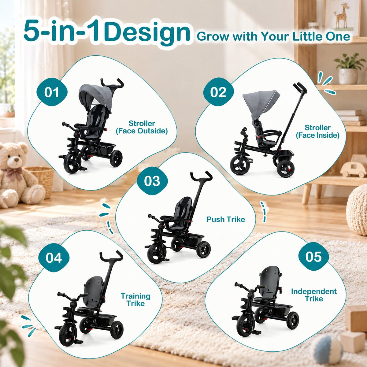 Airfind 4-in-1 Baby Tricycle Toddler Trike with Convertible Seat, 55 lbs Capacity, Steel polyester fabric PP EVA Frame, Gray