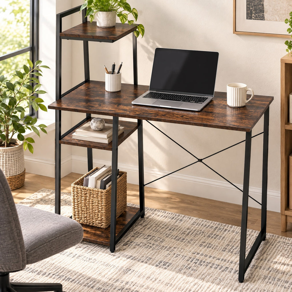 Airfind Computer Desk with Shelves and 3-Tier Storage Bookshelf, Metal Engineered Wood Frame, 39.5 x 20 x 47.5 Footprint, Brown