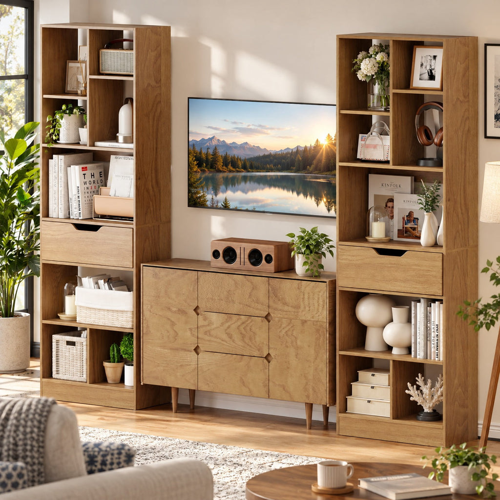 Airfind 61inch Tall Freestanding Bookcase with Drawer 8-Cube Storage Organizer, 187 lbs Capacity, Engineered Wood MDF Frame, Natural