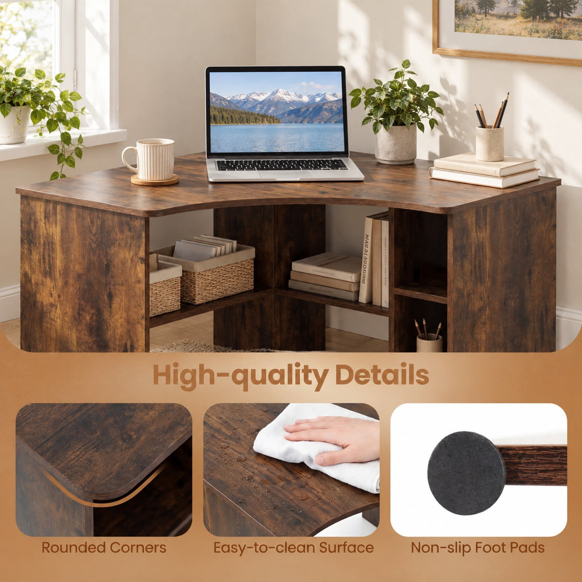 Airfind Corner Computer Desk Triangle Home Office Desk with Adjustable Shelf and Arc-Shaped Profile, 100 lbs Capacity, Brown
