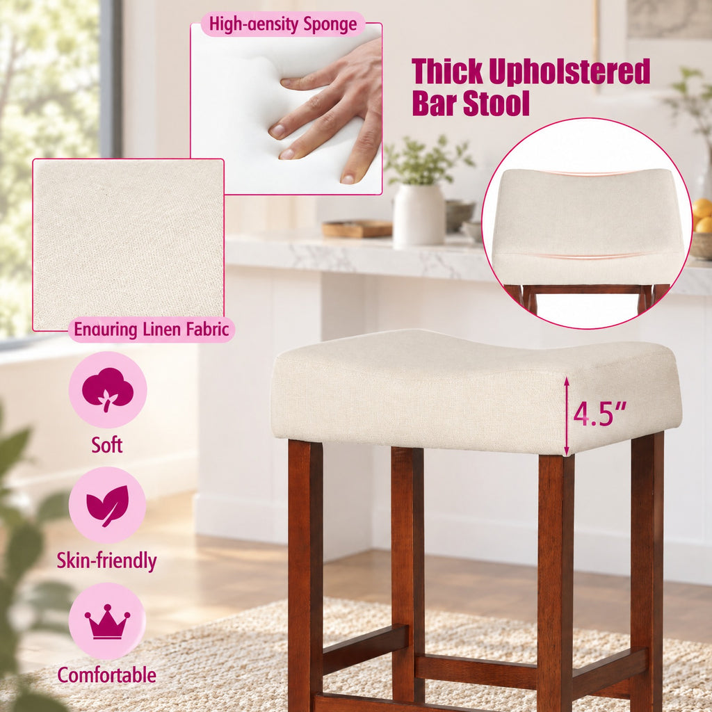 Airfind Set of 2 24 Inch Bar Stool with Curved Seat Cushions, 330 lbs Capacity, Rubber Wood Linen Fabric Sponge Frame, White